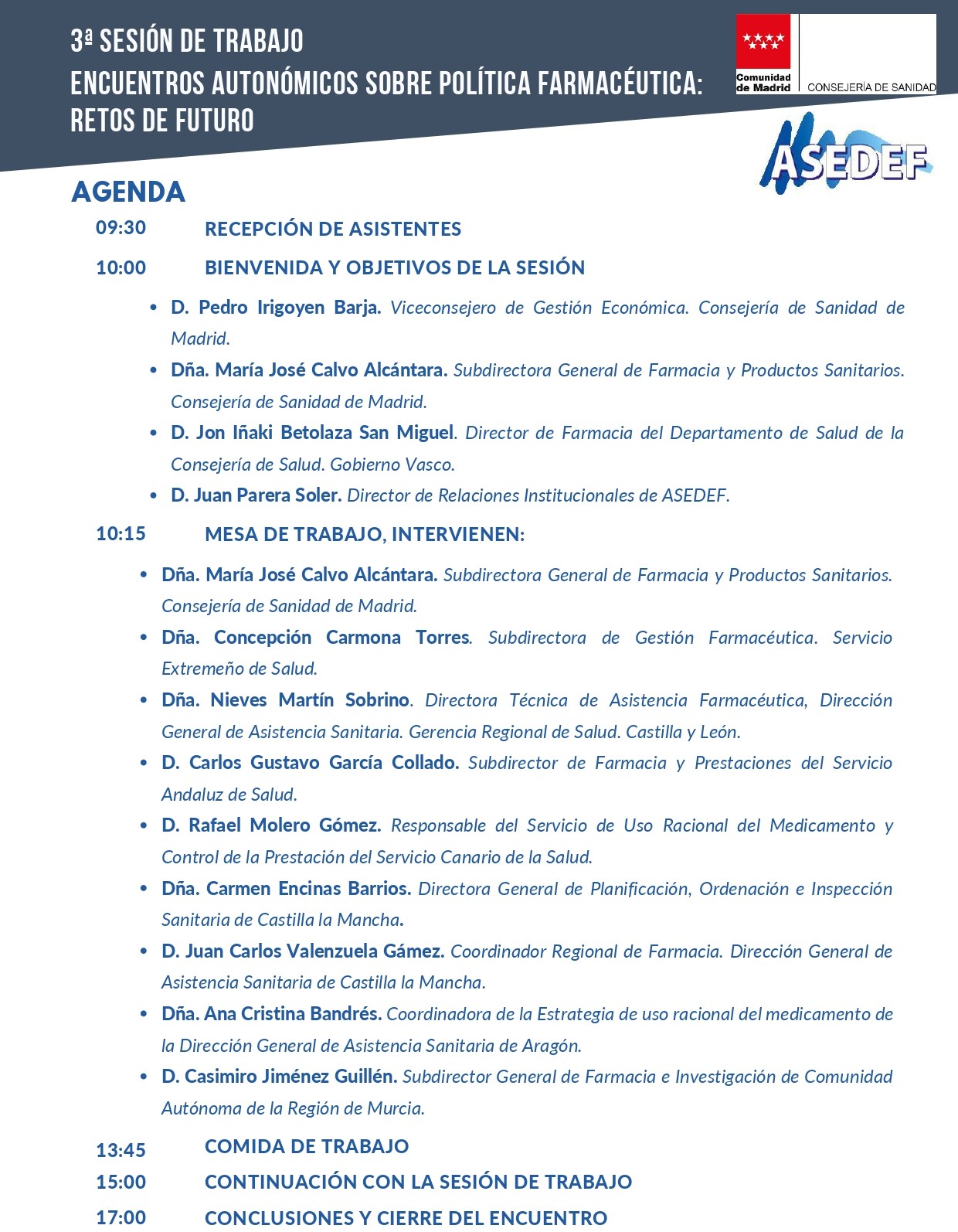 Agenda del 3er Encuentro Directores de Farmacia, Madrid
